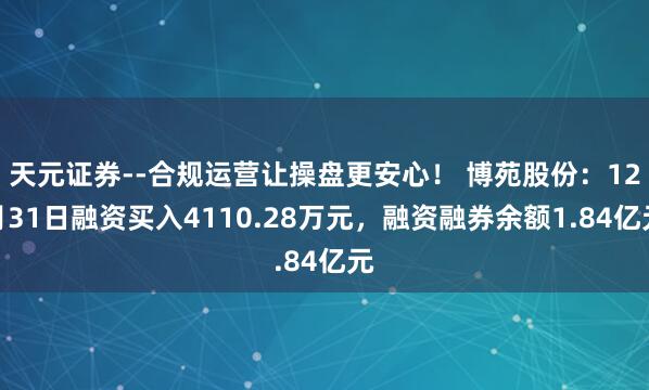 天元证券--合规运营让操盘更安心！ 博苑股份：12月31日融资买入4110.28万元，融资融券余额1.84亿元